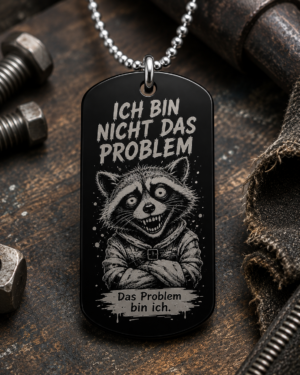 Dogtag Anhänger ICH BIN NICHT DAS PROBLEM – Lustiger Waschbär Statement Anhänger mit schwarzem Humor