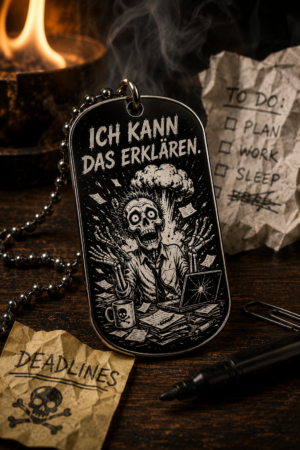 Dogtag Anhänger ICH KANN DAS ERKLÄREN – Lustiger Chaos Statement Anhänger mit Skelett-Motiv