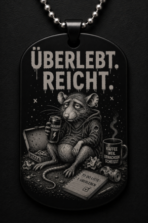 Dogtag Anhänger ÜBERLEBT. REICHT. – Lustiger Ratten Statement Anhänger mit schwarzem Humor