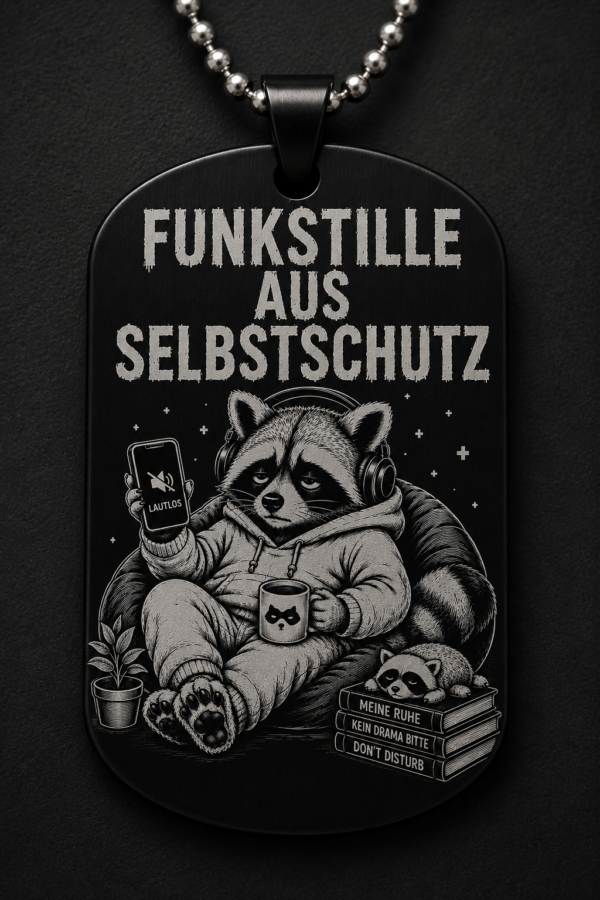 Dogtag Anhänger FUNKSTILLE AUS SELBSTSCHUTZ – Lustiger Waschbär Statement Anhänger für Introvertierte