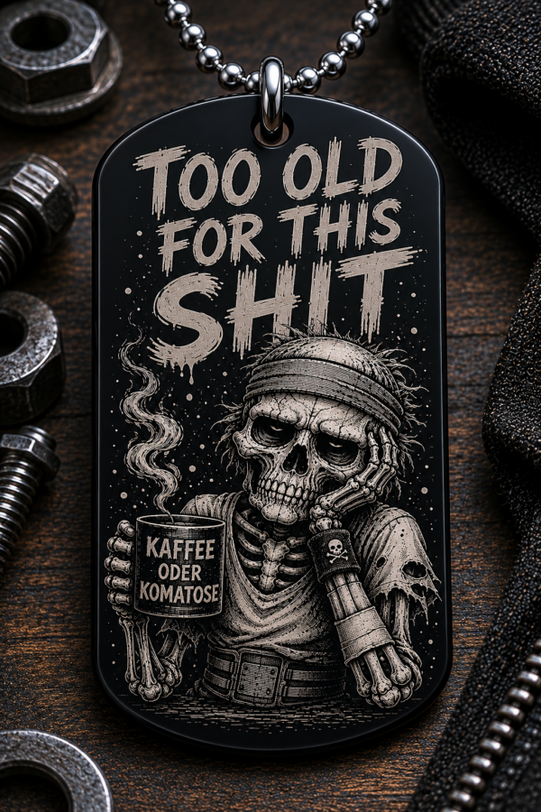56fe7380-56a7-45ef-bef5-191463992ca4 Dogtag Anhänger TOO OLD FOR THIS SHIT – Lustiger Skelett Statement Anhänger mit Kaffee-Motiv
