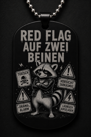 Dogtag Anhänger RED FLAG AUF ZWEI BEINEN – Lustiger Waschbär Statement Anhänger mit Sarkasmus