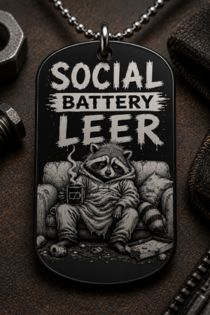 Dogtag Anhänger SOCIAL BATTERY LEER – Lustiger Waschbär Statement Anhänger für Introvertierte