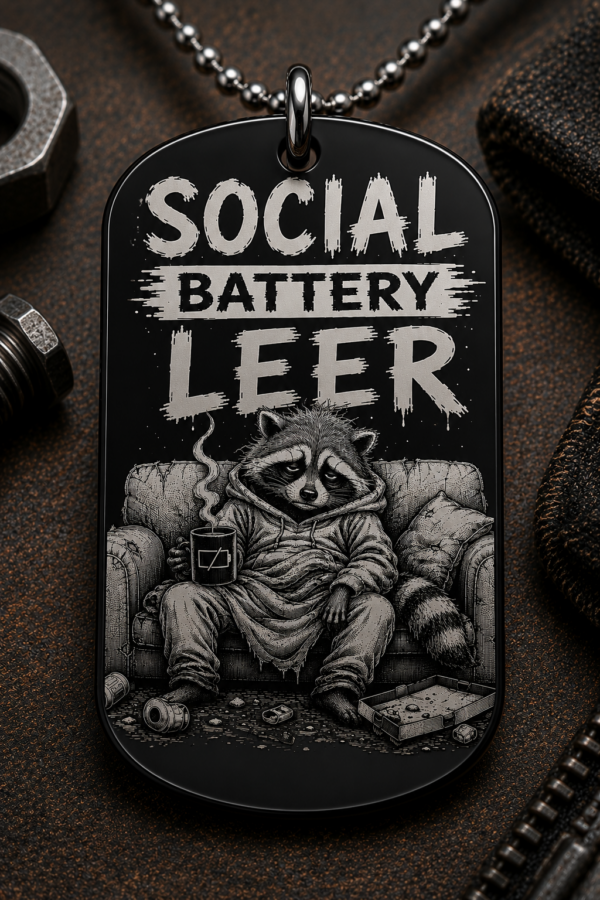 Dogtag Anhänger SOCIAL BATTERY LEER – Lustiger Waschbär Statement Anhänger für Introvertierte