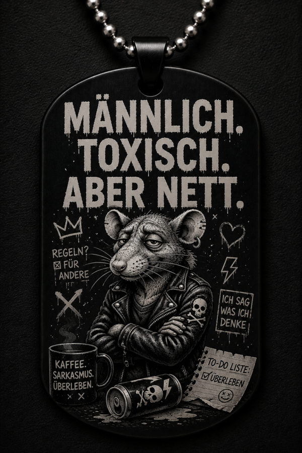 Dogtag Anhänger MÄNNLICH. TOXISCH. ABER NETT. – Lustiger Ratten Statement Anhänger