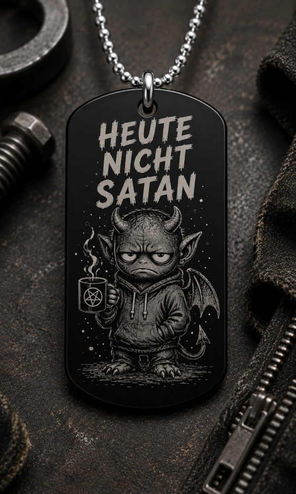 Dogtag Anhänger HEUTE NICHT SATAN – Lustiger Dämon Statement Anhänger mit Kaffee-Motiv