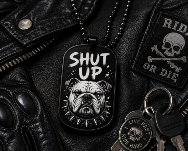 56cb059d-c261-497e-a8ec-c3a105fc7125 Dogtag Anhänger – SHUT UP | Bulldog Edition mit Stachelhalsband
