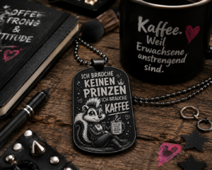 Dogtag Anhänger ICH BRAUCHE KEINEN PRINZEN – ICH BRAUCHE KAFFEE | Punk-Stinktier Edition