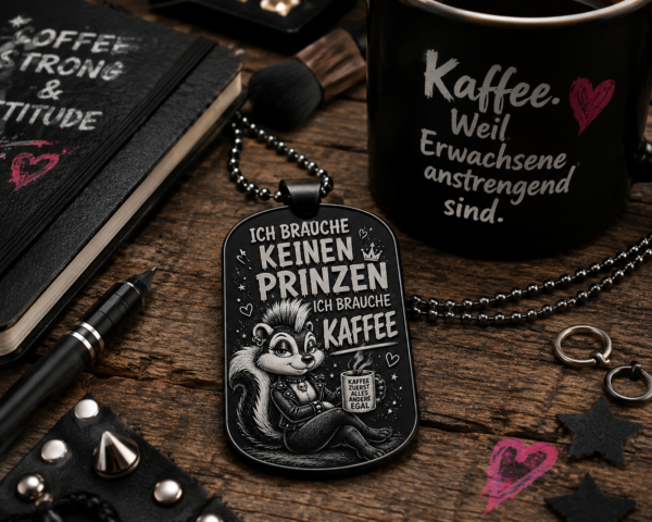 97669c22-2e4f-4412-8d6a-8b5162712b41 Dogtag Anhänger ICH BRAUCHE KEINEN PRINZEN – ICH BRAUCHE KAFFEE | Punk-Stinktier Edition