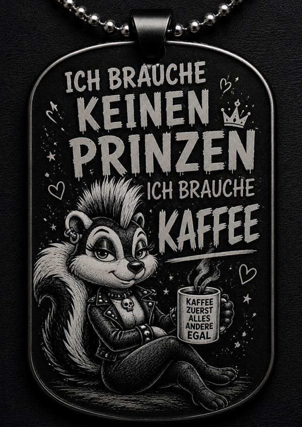 a3fce2ca-98c9-417b-8e39-afdcc537323e Dogtag Anhänger ICH BRAUCHE KEINEN PRINZEN – ICH BRAUCHE KAFFEE | Punk-Stinktier Edition