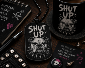 Dogtag Anhänger – SHUT UP | Bulldog Edition mit Stachelhalsband