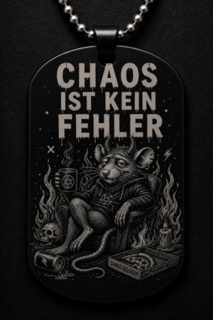Dogtag Anhänger CHAOS IST KEIN FEHLER – Dämonische Ratte Statement Anhänger mit schwarzem Humor