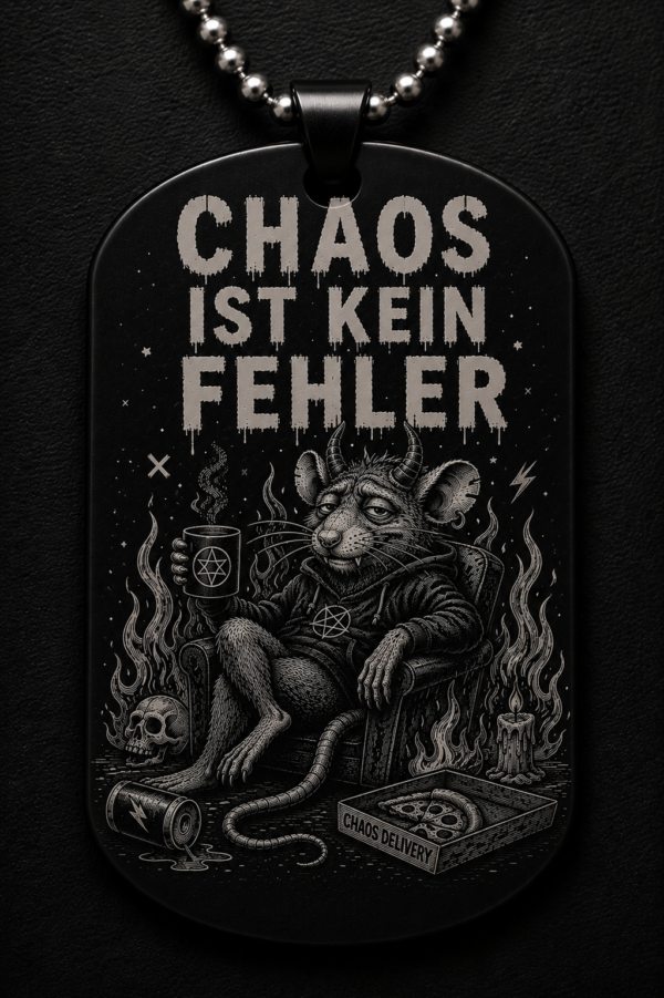 d789ed44-89d9-4a9f-9310-110d91004280 Dogtag Anhänger CHAOS IST KEIN FEHLER – Dämonische Ratte Statement Anhänger mit schwarzem Humor